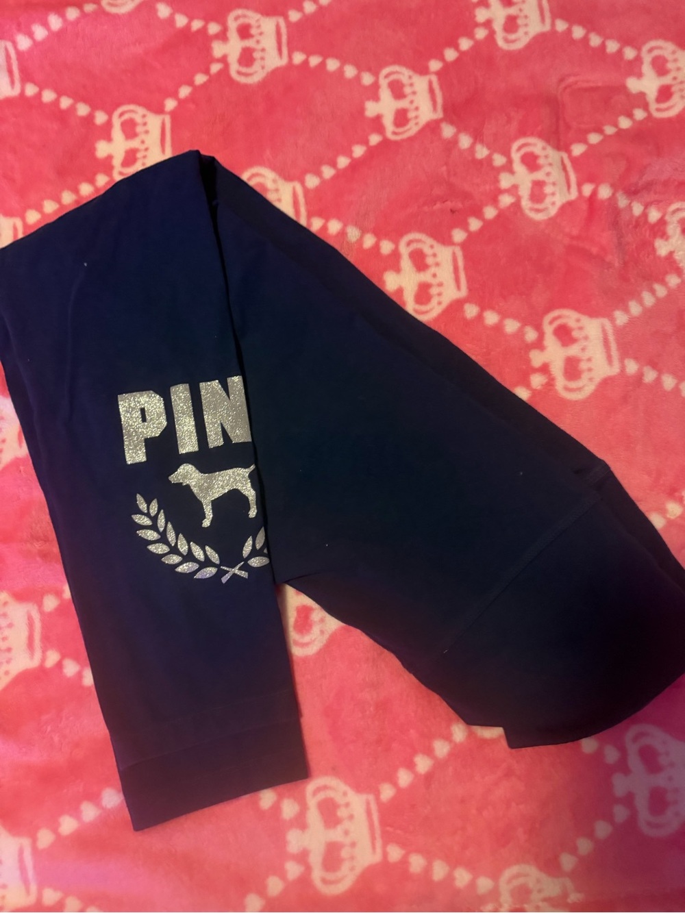 PINK Victoria's Secret Navy Blue Glitter Logo leggings